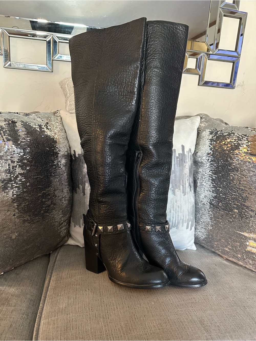 Black Studded Over-the-Knee Leather Boots with Block Heel and Zip